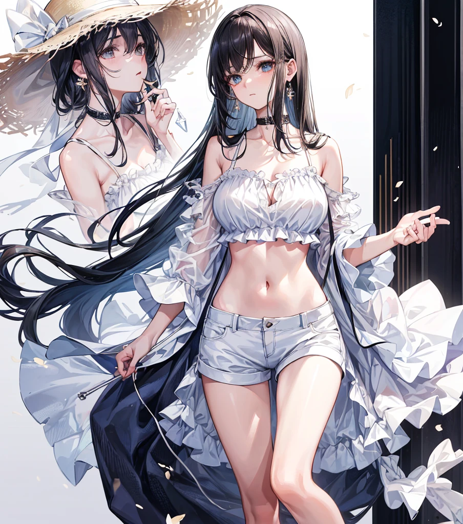 {{masterpiece}}, The best quality of life, 、Dark brown long hair down to the waist、Anime Girls with brown long hair, Cute female anime visuals,Anime full body illustration, Anime Moe Art Style, Anime characters, (Anime Girls)、(Green Eyes)、Expressionless adult woman、Small Necklace、((White background))、Black Bikini、Grey shorts、Green anklet、A woman standing in white sandals、Large Breasts,Woman standing facing the front、tall、Stylish woman