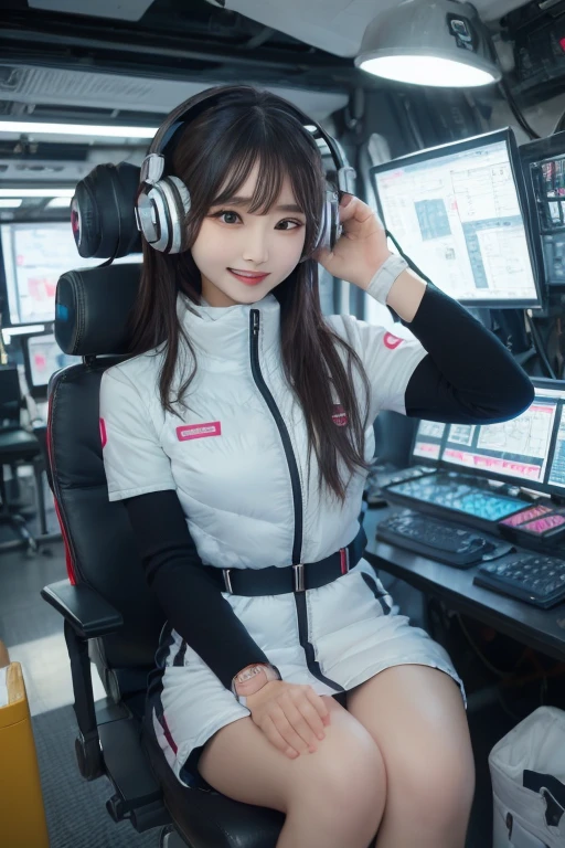 masterpiece, Highest quality, Very detailed, 8K Portrait,Japanese Android Girl,plump , Control panel,Robotic arms and legs, Blunt bangs,,break (Metallic Gray, Metallic luster, Mirror finish, Astro Best):5,headphone:5,break (Black sleeves):100,Smart Watches,Futuristic space station,Control Room,break headphone,blue eyes,(Black Hair):2,(Long Hair):1.3,Displaying the viewer,(respirator),break blush:3,Hidden Hand,smile