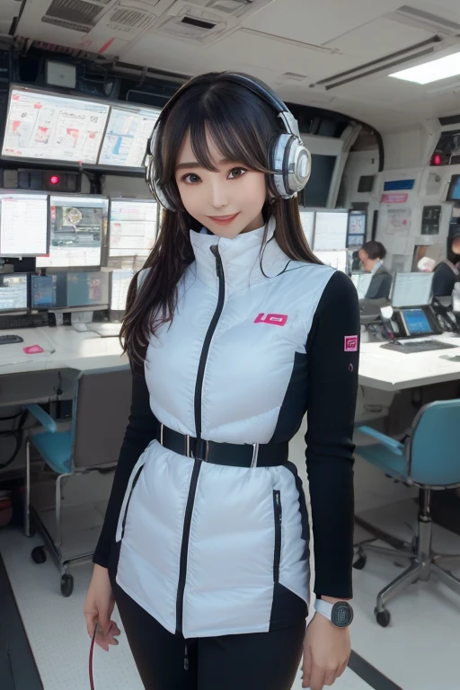 masterpiece, Highest quality, Very detailed, 8K Portrait,Japanese Android Girl,plump , Control panel,Robotic arms and legs, Blunt bangs,,break (Metallic Gray, Metallic luster, Mirror finish, Astro Best):5,headphone:5,break (Black sleeves):100,Smart Watches,Futuristic space station,Control Room,break headphone,blue eyes,(Black Hair):2,(Long Hair):1.3,Displaying the viewer,(respirator),break blush:3,Hidden Hand,smile