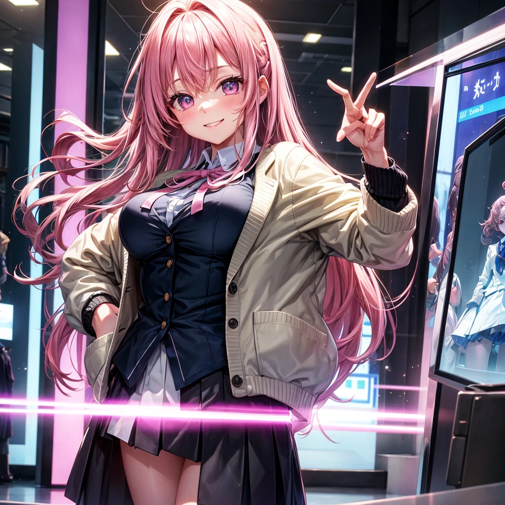 best quality,8K,smile,cardigan,A mirror-like transparent surface,They are hugging each other,Evolution Fashion,future fashion,blazer,ribbon on uniform,mini skirt,high school girl,multiple girls are depicted,harem,idol group,photo shoot,long hair,wearing a cardigan,highest quality,big breasts,happy girl,horny girl,pink eyes,perfect face,standing position,I have my hands in my pockets,letting down one's Bangs,beautiful eyes,gym,girls hugging each other,smooth hair,multicolored hair colors,naughty girl,beautiful girl,beautiful girl,loose socks