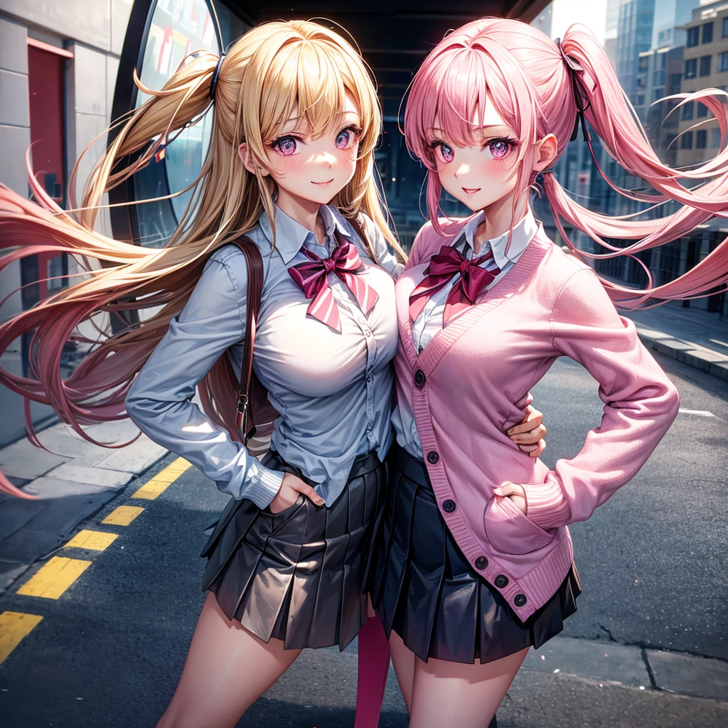 best quality,8K,smile,cardigan,A mirror-like transparent surface,They are hugging each other,Evolution Fashion,future fashion,blazer,ribbon on uniform,mini skirt,high school girl,multiple girls are depicted,harem,idol group,photo shoot,long hair,wearing a cardigan,highest quality,big breasts,happy girl,horny girl,pink eyes,perfect face,standing position,I have my hands in my pockets,letting down one's Bangs,beautiful eyes,gym,girls hugging each other,smooth hair,multicolored hair colors,naughty girl,beautiful girl,beautiful girl,loose socks