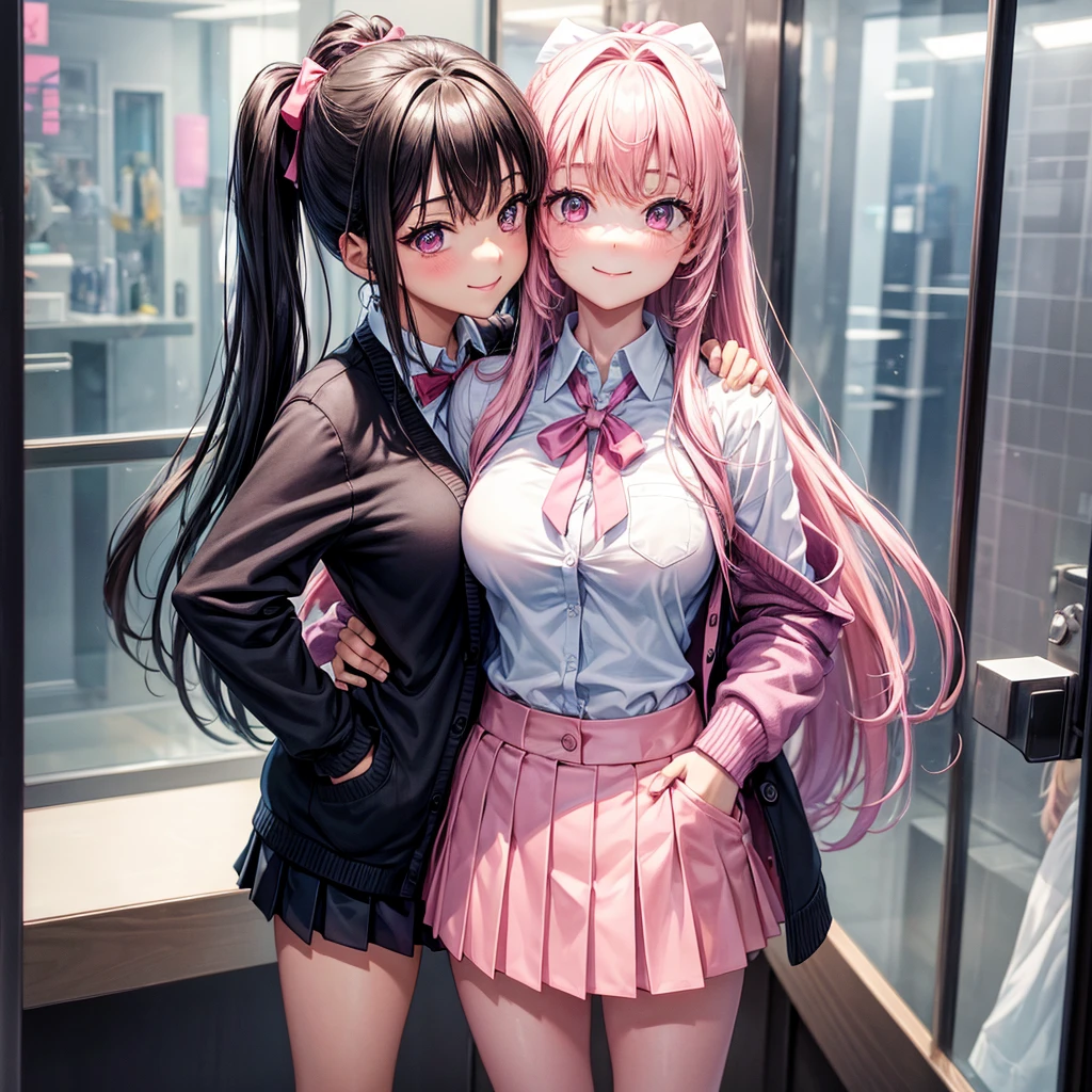best quality,8K,smile,cardigan,A mirror-like transparent surface,They are hugging each other,Evolution Fashion,future fashion,blazer,ribbon on uniform,mini skirt,high school girl,multiple girls are depicted,harem,idol group,photo shoot,long hair,wearing a cardigan,highest quality,big breasts,happy girl,horny girl,pink eyes,perfect face,standing position,I have my hands in my pockets,letting down one's Bangs,beautiful eyes,gym,girls hugging each other,smooth hair,multicolored hair colors,naughty girl,beautiful girl,beautiful girl,loose socks