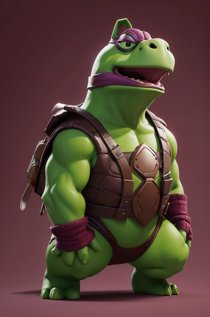 A Rafael turtle mascot from Ninja Turtles with a burgundy background