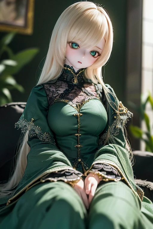 photorealistic, realistic photo, ((highest quality)), ((masterpiece)), (extremely detailed), kukolnydom, doll, (mature woman:1.6), solo, eye level shot, sitting on sofa, hands on knees, green eyes, (looking down, blank eyes, empty eyes, detailed eyes:1.3), light smile, dress, museum, 8k