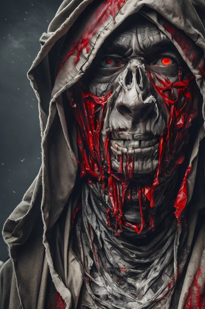 (masterpiece:1.2), Absurd, Photorealistic shots of Mumura,alone, Rotten Mummy,a malicious and ancient sorcerer, , Dead, Wrapped in rotten bandages, weakened body. grotesque, Skin is a sickly grey, Covered in tattered, rotten bandages, The body is weakened, His face is hidden by a red hooded robe, Ominous red eyes glow, malicious, (Very detailed:1.3)