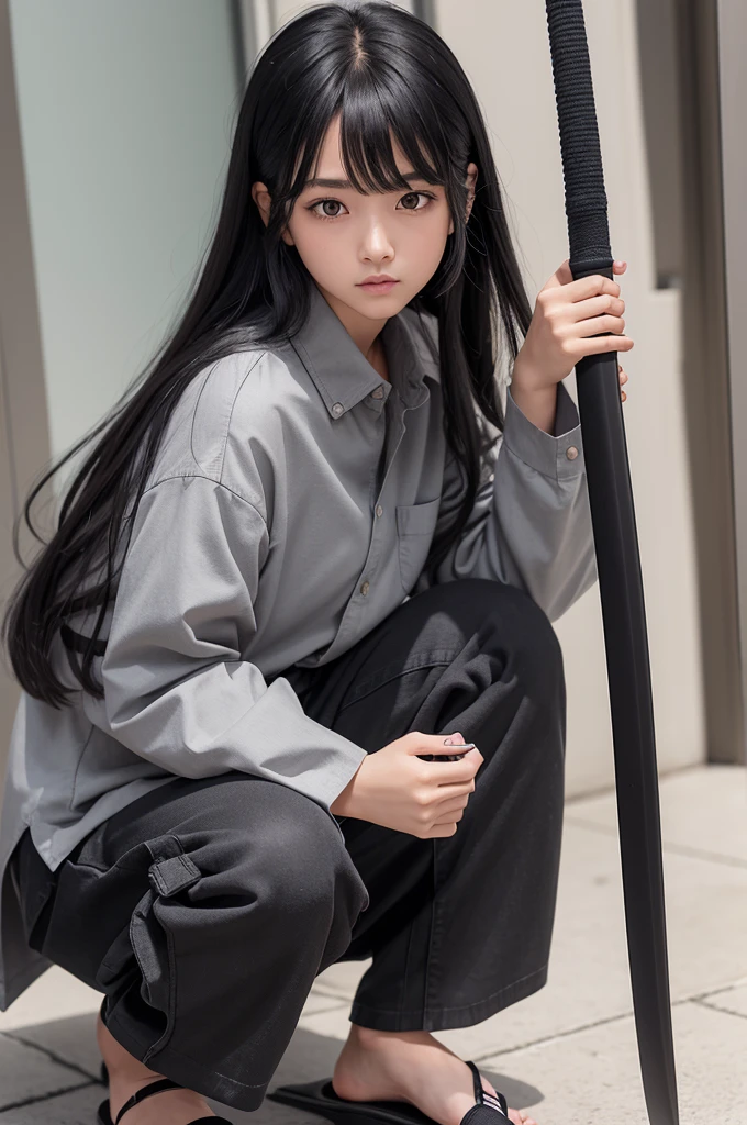 Girl with long hair with black bangs,has gray eyes,wears a dark gray long-sleeved button-down shirt,long, loose-fitting pants in the same color as the shirt,wear light gray socks,and a sandal on top of the sock,wears a long light gray coat and has a gray and black katana