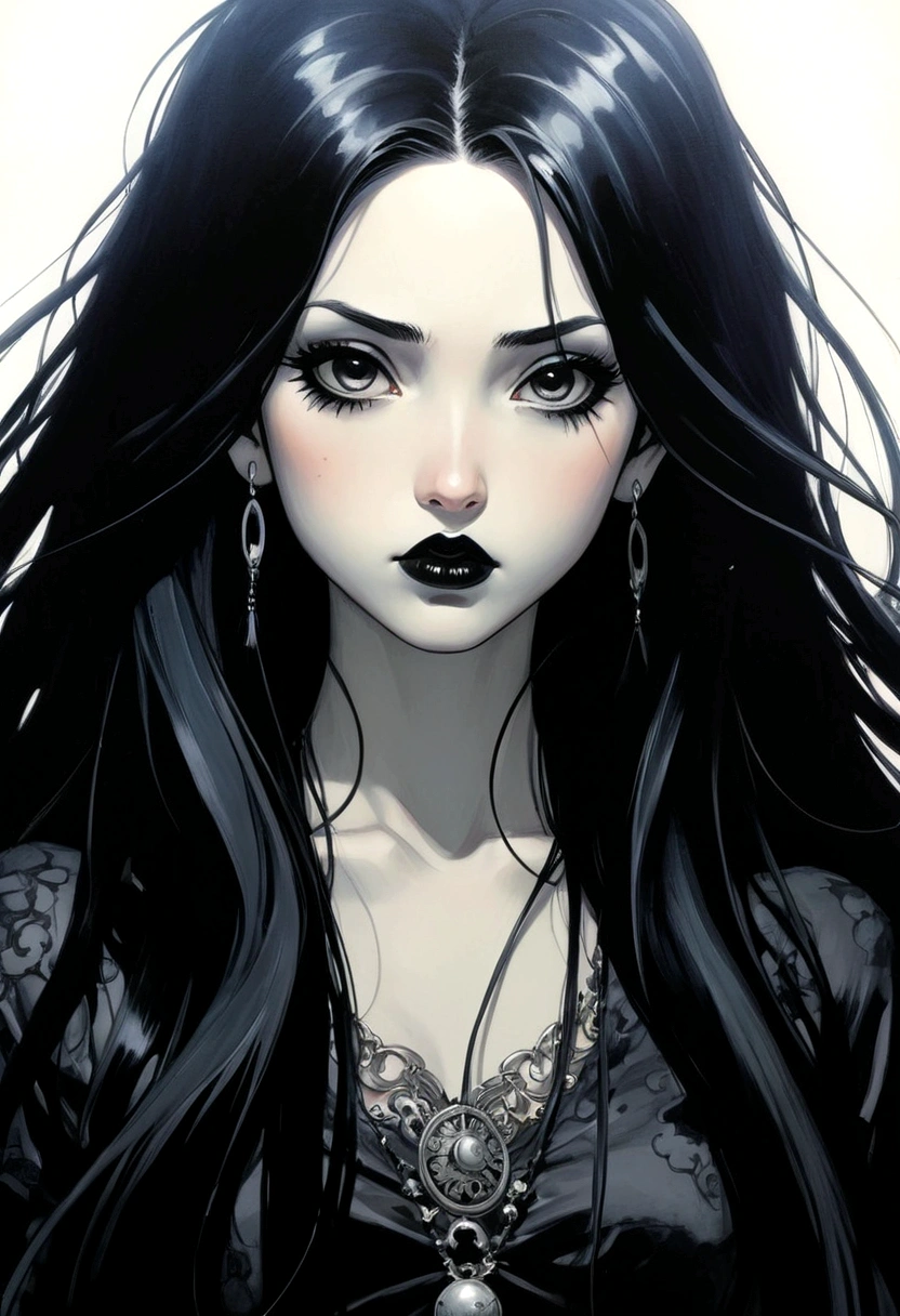 manga girl with long black hair, early 20s in age, goth makeup, black lips, 90s anime style, Chris bachalo art style, emotionally charged, vintage anime blur --niji 5