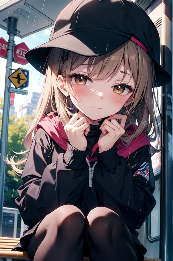 Irohaisshiki, isshiki iroha, Long Hair, Brown Hair, (Brown eyes:1.5), happy smile, smile, Close your mouth,blush,rain,night,Baseball hats,Pink oversized hoodie,V-neck shirt,mini skirt,Black pantyhose,short boots,Sitting on a bus stop bench、,Hidden in a covered building bus stop,whole bodyがイラストに入るように,
break outdoors, バス停
break looking at viewer,whole body,
break (masterpiece:1.2), Highest quality, High resolution, unity 8k wallpaper, (figure:0.8), (Beautiful attention to detail:1.6), Highly detailed face, Perfect lighting, Highly detailed CG, (Perfect hands, Perfect Anatomy),