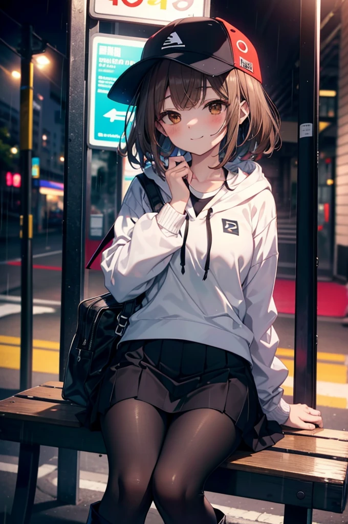 Irohaisshiki, isshiki iroha, Long Hair, Brown Hair, (Brown eyes:1.5), happy smile, smile, Close your mouth,blush,rain,night,Baseball hats,Pink oversized hoodie,V-neck shirt,mini skirt,Black pantyhose,short boots,Sitting on a bus stop bench、,Hidden in a covered building bus stop,whole bodyがイラストに入るように,
break outdoors, バス停
break looking at viewer,whole body,
break (masterpiece:1.2), Highest quality, High resolution, unity 8k wallpaper, (figure:0.8), (Beautiful attention to detail:1.6), Highly detailed face, Perfect lighting, Highly detailed CG, (Perfect hands, Perfect Anatomy),