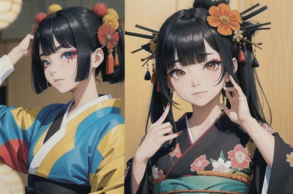  with half-tied black hair, kimono metamorphosis and soul, and one eye black and the other black.