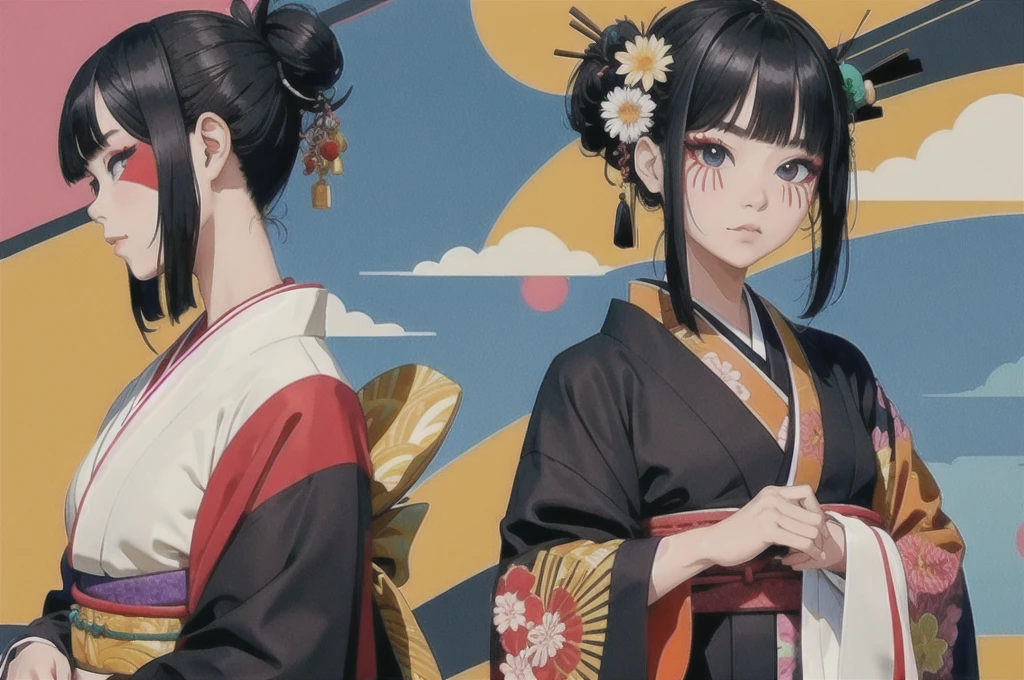  with half-tied black hair, kimono metamorphosis and soul, and one eye black and the other black.