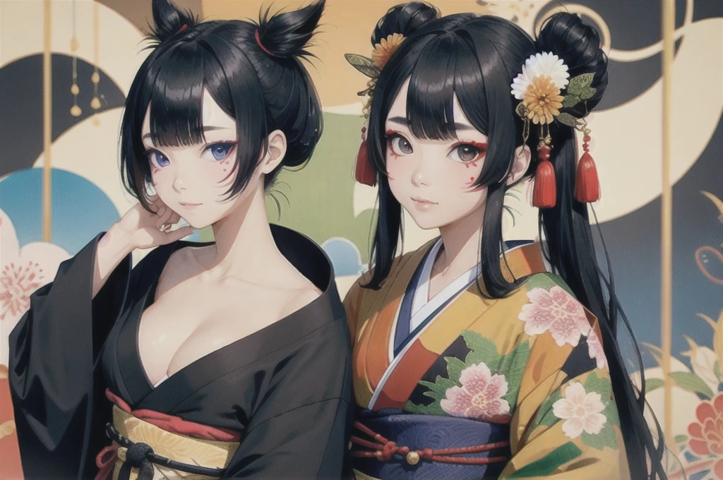  with half-tied black hair, kimono metamorphosis and soul, and one eye black and the other black.