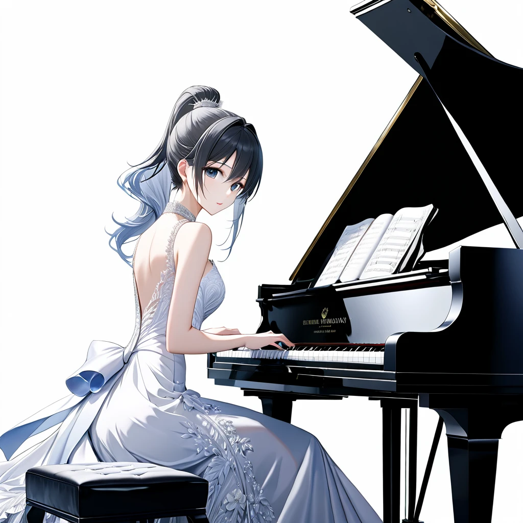 (((White background:1.5)))、(very wide shot)、(masterpiece、Ultra HD、Highest quality、Masterpiece、４K:1.2)、Playing the piano、Idol、The elegant pianist、  Intricate details, Highly detailed eyes, Highly detailed fingers、ponytail、White elegant dress, Intricate details、
