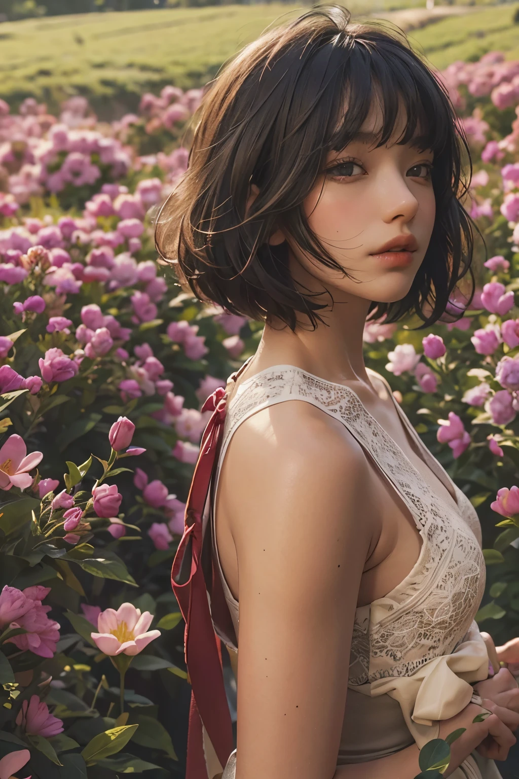 Raped woman with short hair, what makeup, without makeup, Centrally separated curtain bangs, Profile picture, Use Instagram Filters, Subtle soft and dim light, Pose looking around the flower field, mountain, tree, perfect face, julia sardinian, perfect hands, Random behavior, lawn, clear sky, (full_body),