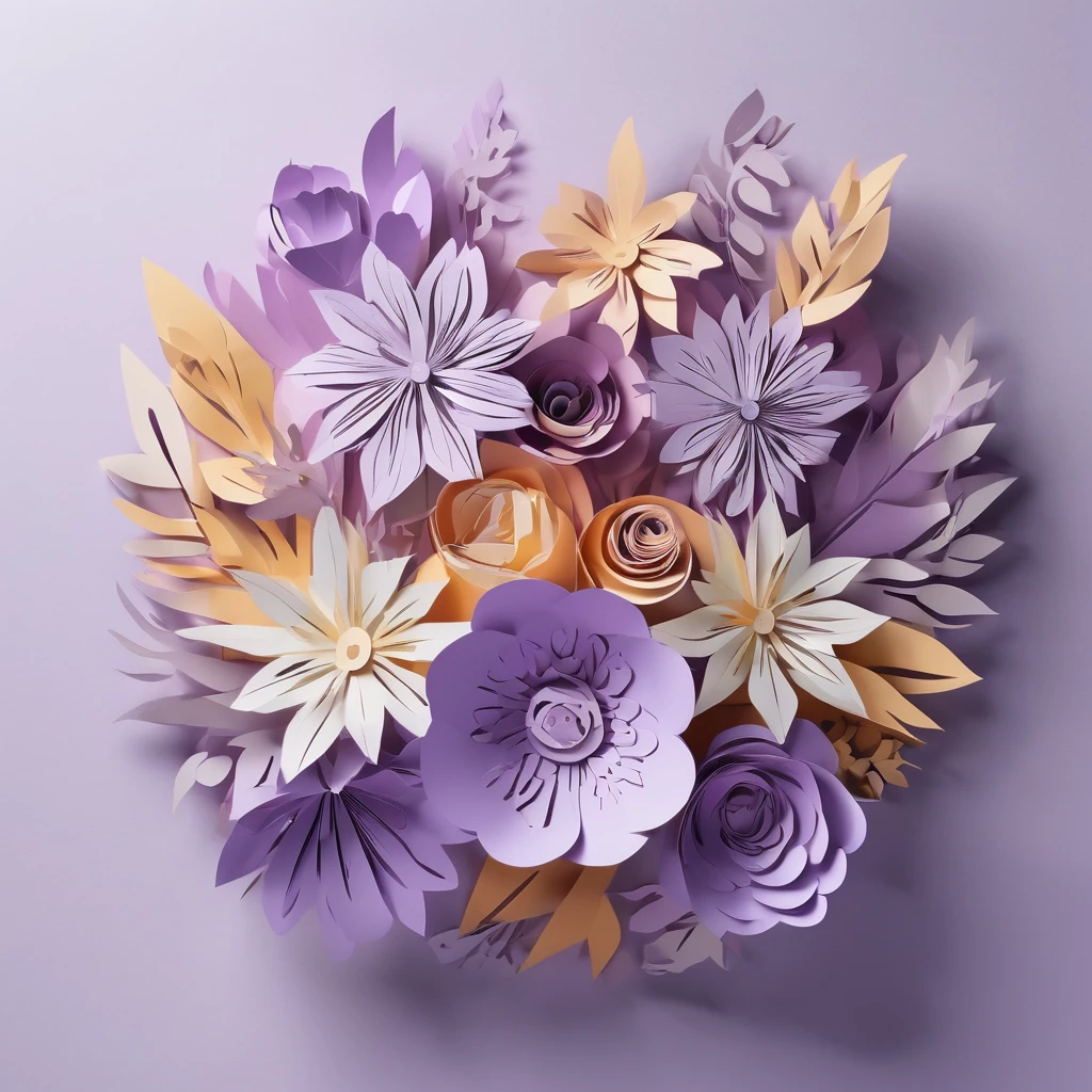 Design illustration of beautiful flowers bouquet, on a white background, centered in the scene, flowers with vegetation, frontal view, layeres paper design, kirigami style, detailed folds, vivid color lilac and gris palette, natural light, masterful craft, intrincated, 4k, sharp focus, perfect paperfold, white background
