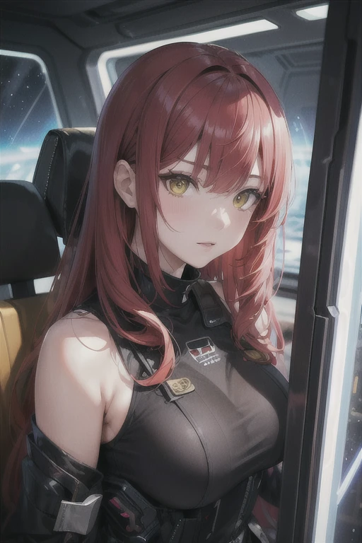 1 Japanese woman in combat gear,detailed gorgeous face,Red hair,black battle costume, Sci-fi,in the spaceship,high resolution,yellow eyes 