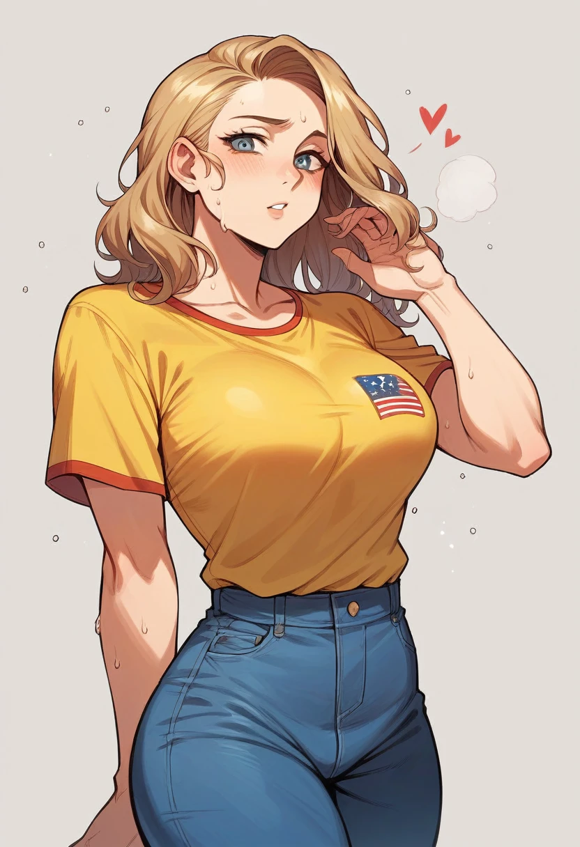 ((best quality)), ((masterpiece)), (detailed), Beautiful America woman, big tight boobies, 8k, ultra resolution, yellow t shirt, sweat