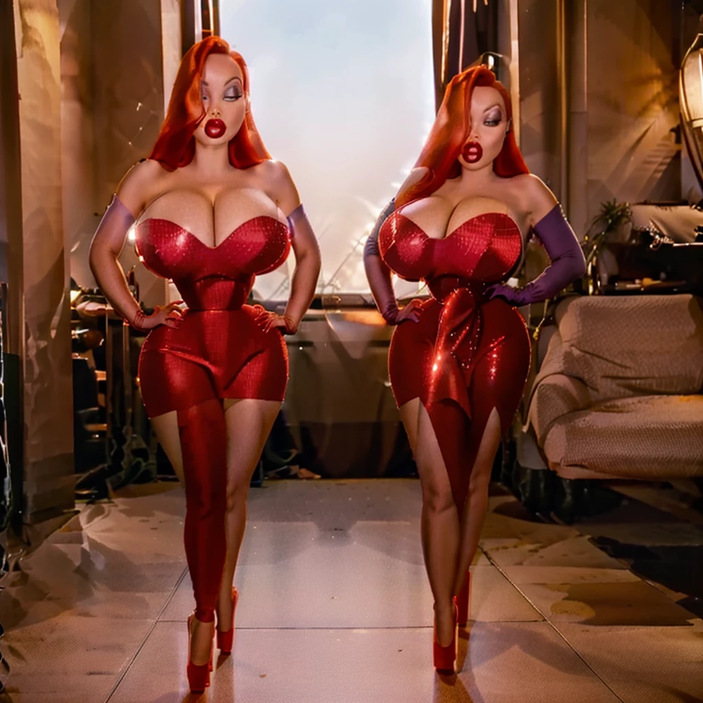 Sexy woman big breasts thick thighs red dress long high heels red gloves long red hair fleshy mouth , NAVY  STOCKINGS  GATHER BELT,  high heels,  sun shiny day 