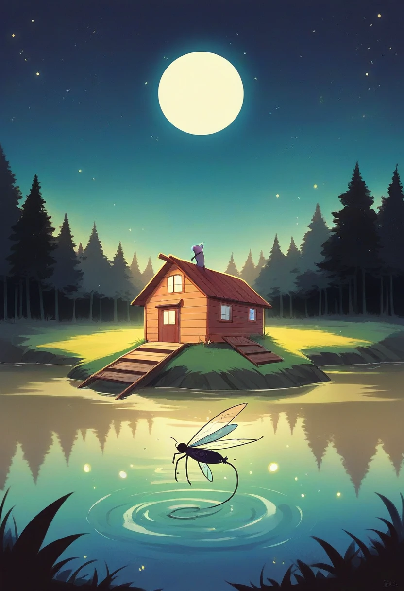 "A serene starry night scene with a full moon shining softly in the sky, illuminating a calm lake. Tall, dark trees surround the lake, reflecting its silhouette in the water. Fireflies float delicately in the air, emitting a soft glow. No fundo, a small wooden cabin with warm lights twinkling through the windows, giving a sense of welcome. Smooth, elegant text says 'Good Night' in cursive letters, complementing the tranquility of the scene."art digital