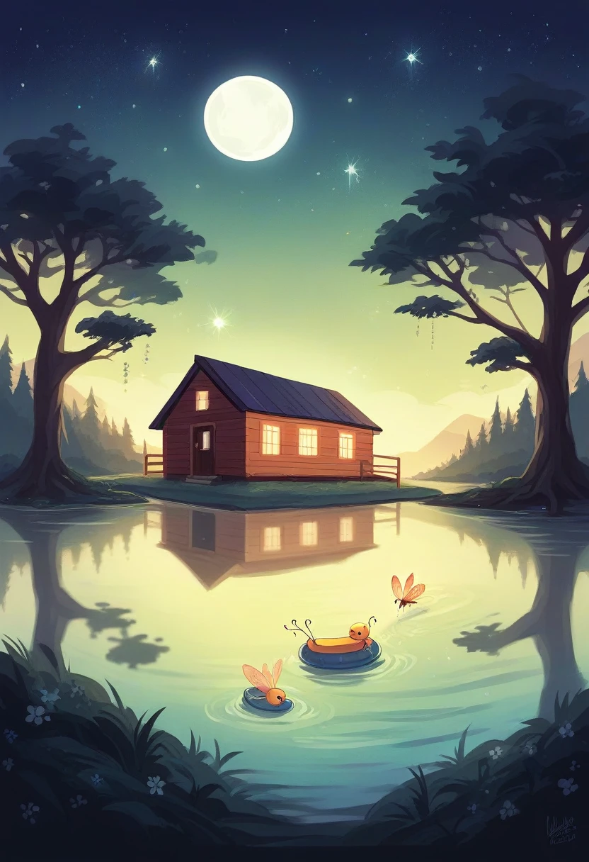 "A serene starry night scene with a full moon shining softly in the sky, illuminating a calm lake. Tall, dark trees surround the lake, reflecting its silhouette in the water. Fireflies float delicately in the air, emitting a soft glow. No fundo, a small wooden cabin with warm lights twinkling through the windows, giving a sense of welcome. Smooth, elegant text says &#39;Good Night&#39; in cursive letters, complementing the tranquility of the scene."art digital 