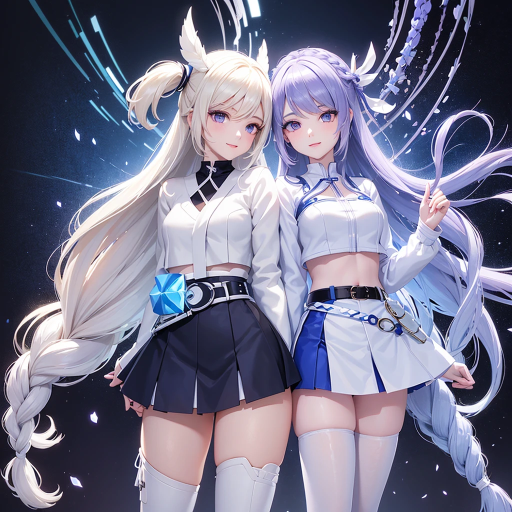 Kizi, Caucasian skin, appealing, long white and blue double braids voluminous hair style, violet eyes, top cropped branco, white shorts above the waist, blue belt, white pantyhose, white and blue boots, RWBY style, realisitic, dark backdrop with white and blue symbols, high qualiy, detailded, ssmile