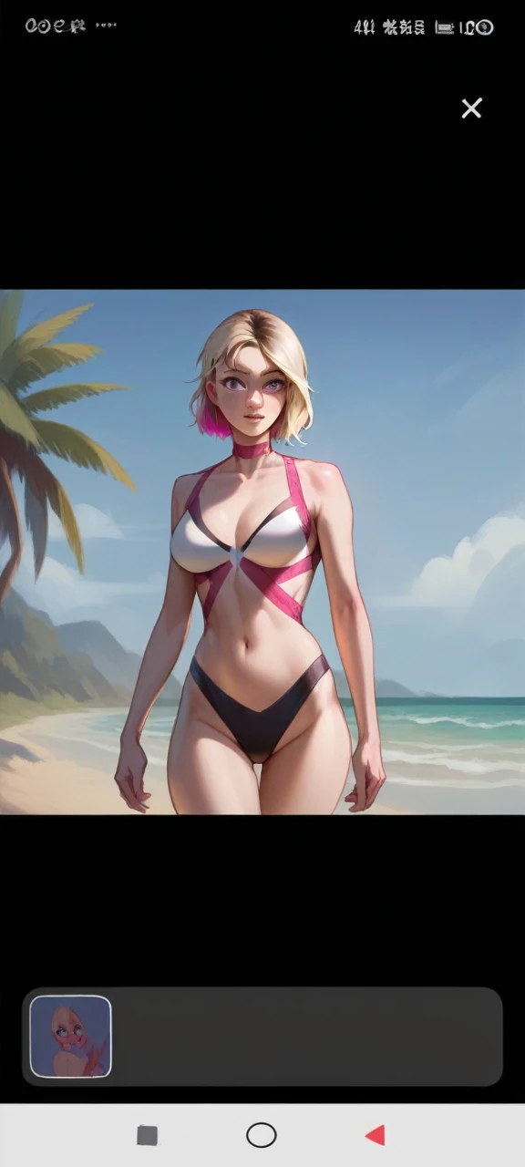 Gwen Stacy, solo, red bikini, sexy, hot, showing sexy ass, on the beach,gwen Stacy face