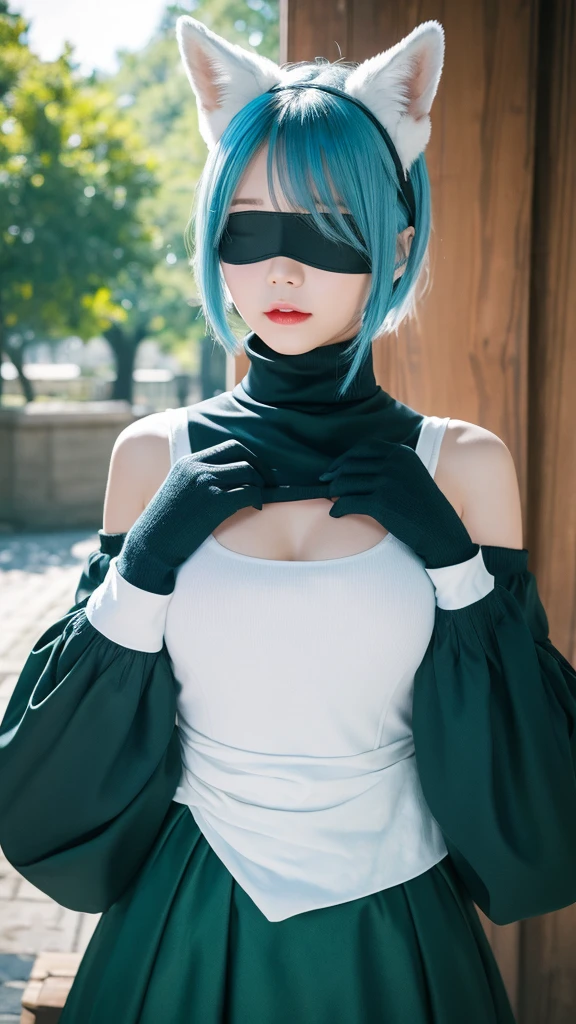 One girl, Wow, (Blindfold), chest, chestの谷間, chestの谷間 cutout, Dress cutout, Green background, Hair between the eyes, head band, High resolution, Juliet Sleeve, Long sleeve, Nier (series), Nier automata, Fluffy sleeves, Red lips, Shadow Face, short hair, alone, Turtleneck sweater, Upper Body, l Blue hair, null, White fox ears, White fox tail, nine tailed fox,