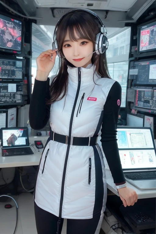 masterpiece, Highest quality, Very detailed, 8K Portrait,Japanese Android Girl,plump , Control panel,Robotic arms and legs, Blunt bangs,,break (Metallic Gray, Metallic luster, Mirror finish, Astro Best):5,headphone:5,break (Black sleeves):100,Smart Watches,Futuristic space station,Control Room,break headphone,blue eyes,(Black Hair):2,(Long Hair):1.3,Displaying the viewer,(respirator),break blush:3,Hidden Hand,smile