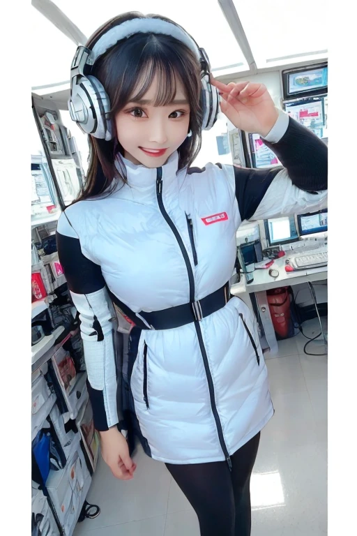 masterpiece, Highest quality, Very detailed, 8K Portrait,Japanese Android Girl,plump , Control panel,Robotic arms and legs, Blunt bangs,,break (Metallic Gray, Metallic luster, Mirror finish, Astro Best):5,headphone:5,break (Black sleeves):100,Smart Watches,Futuristic space station,Control Room,break headphone,blue eyes,(Black Hair):2,(Long Hair):1.3,Displaying the viewer,(respirator),break blush:3,Hidden Hand,smile