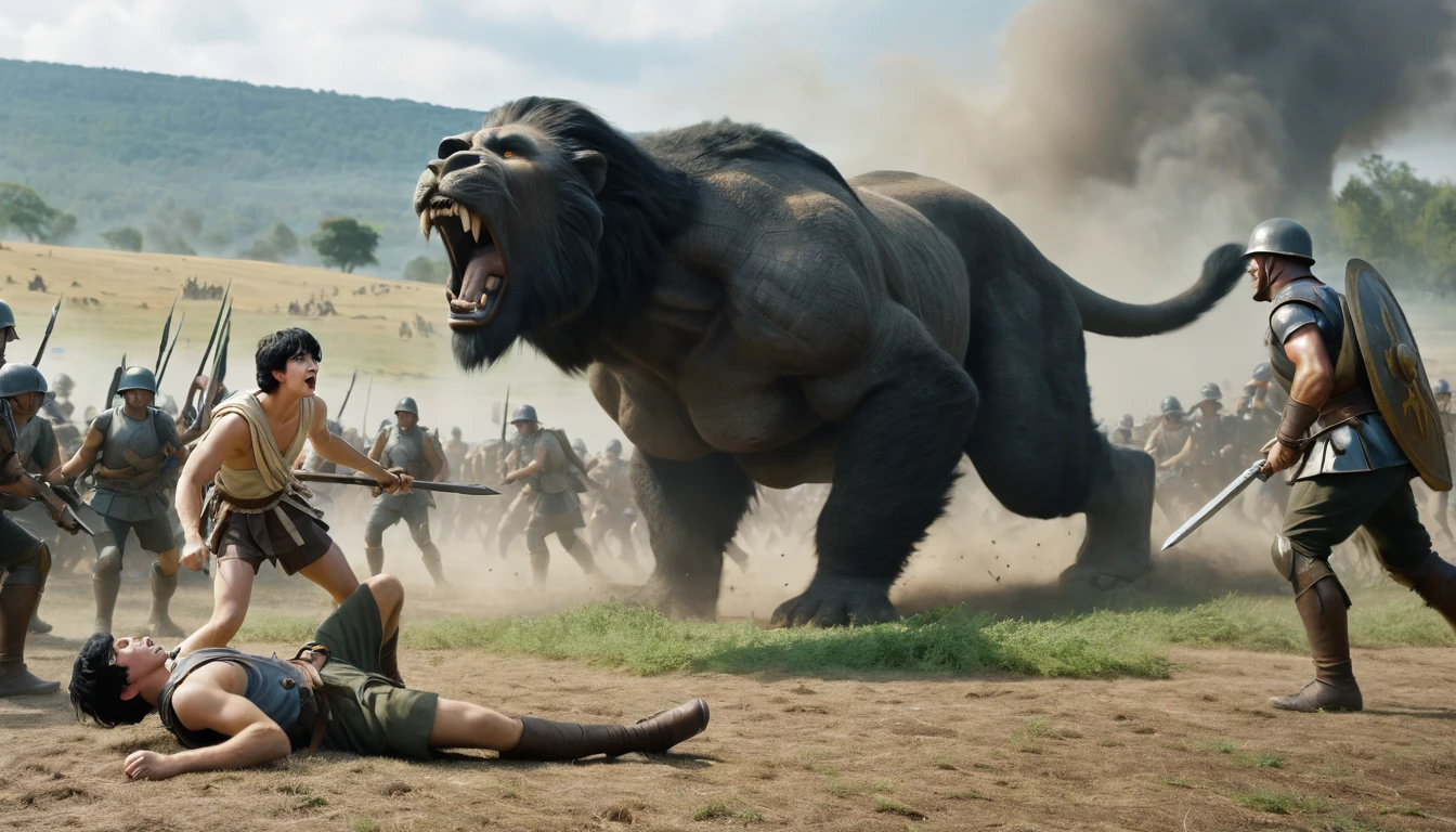 Scenario: Young David standing, 18 years old, black hair, white skin, with a sling in his hand, defeats the giant Goliath who is lying on the ground on the battlefield. Other soldiers watch in the background.