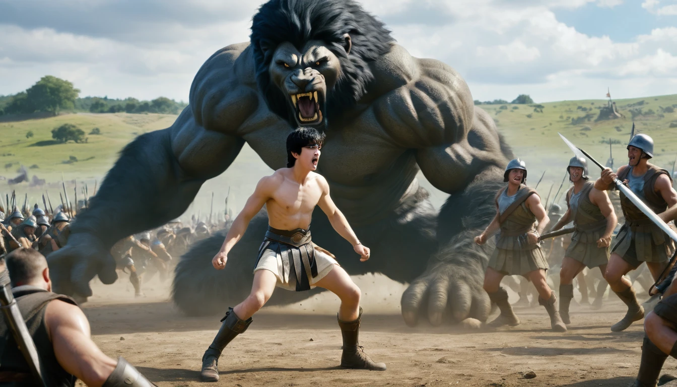 Scenario: Young David standing, 18 years old, black hair, white skin, with a sling in his hand, defeats the giant Goliath who is lying on the ground on the battlefield. Other soldiers watch in the background.