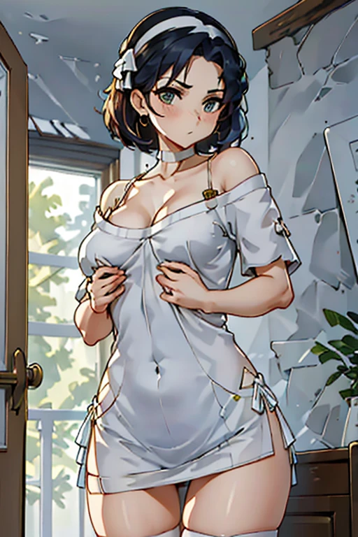 (from below:1.2), (perky chest:1.2), (pointed chest:1.2), 1girl, Bust A Cup, Amazing :1.1, thin waist, big ass, Rai cute, small breast: 1.1 cleavage:1.2、solog at viewerave a cute glass of cute beer glass,black hair, dark green eyes, dress, bare shoulders, jewelry, collarbone, side locks, hairband, earrings, indoors, off shoulder, arms behind back, plants, short hair with long locks, gild hairband, off-shoulder dress, sweater dress, off-shoulder sweater, red sweater, dark gold hair, big side hair, very long side hair,is rendered in (masterpiece: 1.2, best quality), with (ultra high resolution) and an exquisite (depth of field). This masterpiece is not only visually stunning but also tells,A scene of cooking in the kitchen