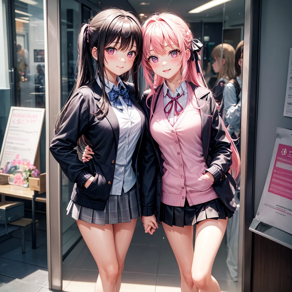 best quality，8K，smile，cardigan，A mirror-like transparent surface,They are hugging each other,Evolution Fashion，future fashion，blazer，ribbon on uniform，mini skirt，high school girl，multiple girls are depicted，harem，idol group，photo shoot，long hair，wearing a cardigan，highest quality，big breasts，happy girl,horny girl，pink eyes，perfect face，standing position，I have my hands in my pockets，letting down one&#39;s Bangs，beautiful eyes,gym,girls hugging each other,smooth hair，multicolored hair colors，naughty girl，beautiful girl，classroom,Girls hugging each other,beautiful girl，loose socks