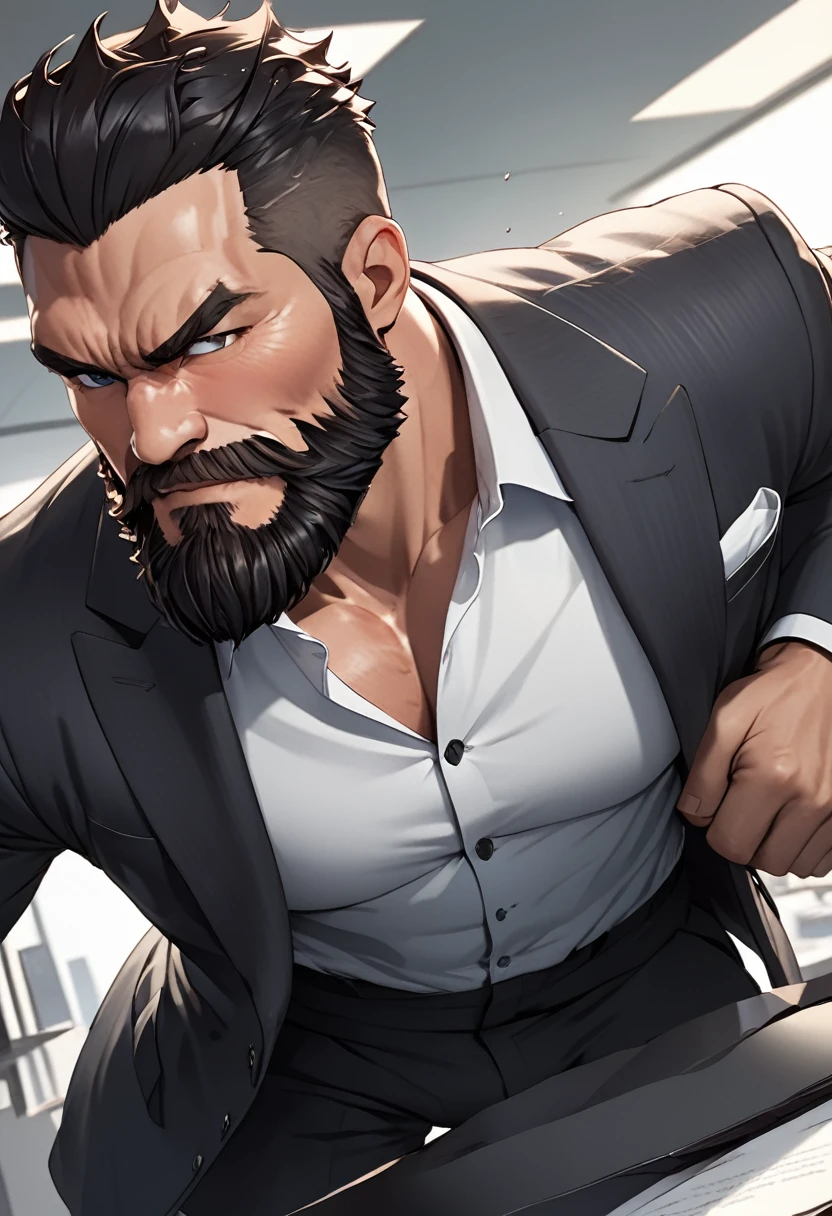 detailed illustration, dynamic angle, ultra-detailed, illustration, 1man, strong, smirk, suit coat, office, sexy, seductive, black hair, black beard