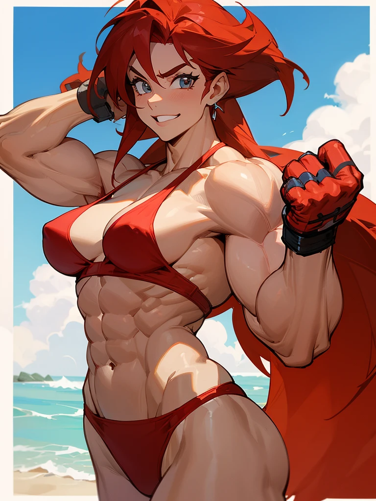 Thin and anime redhead muscle mommy in a red thong bikini flexing her muscles in a front double biceps pose to pridefully show off her rock hard 8-pack abs on a white sanded beach, highly detailed