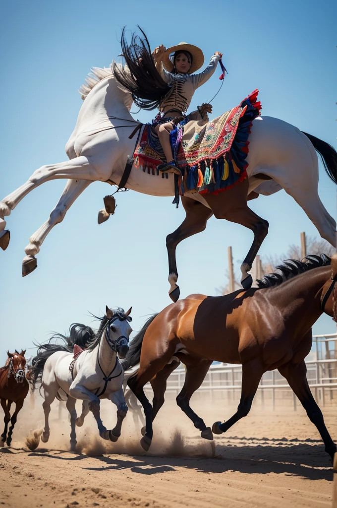 Make a skeleton in Mexican clothes shoot into the air while several horses run after him