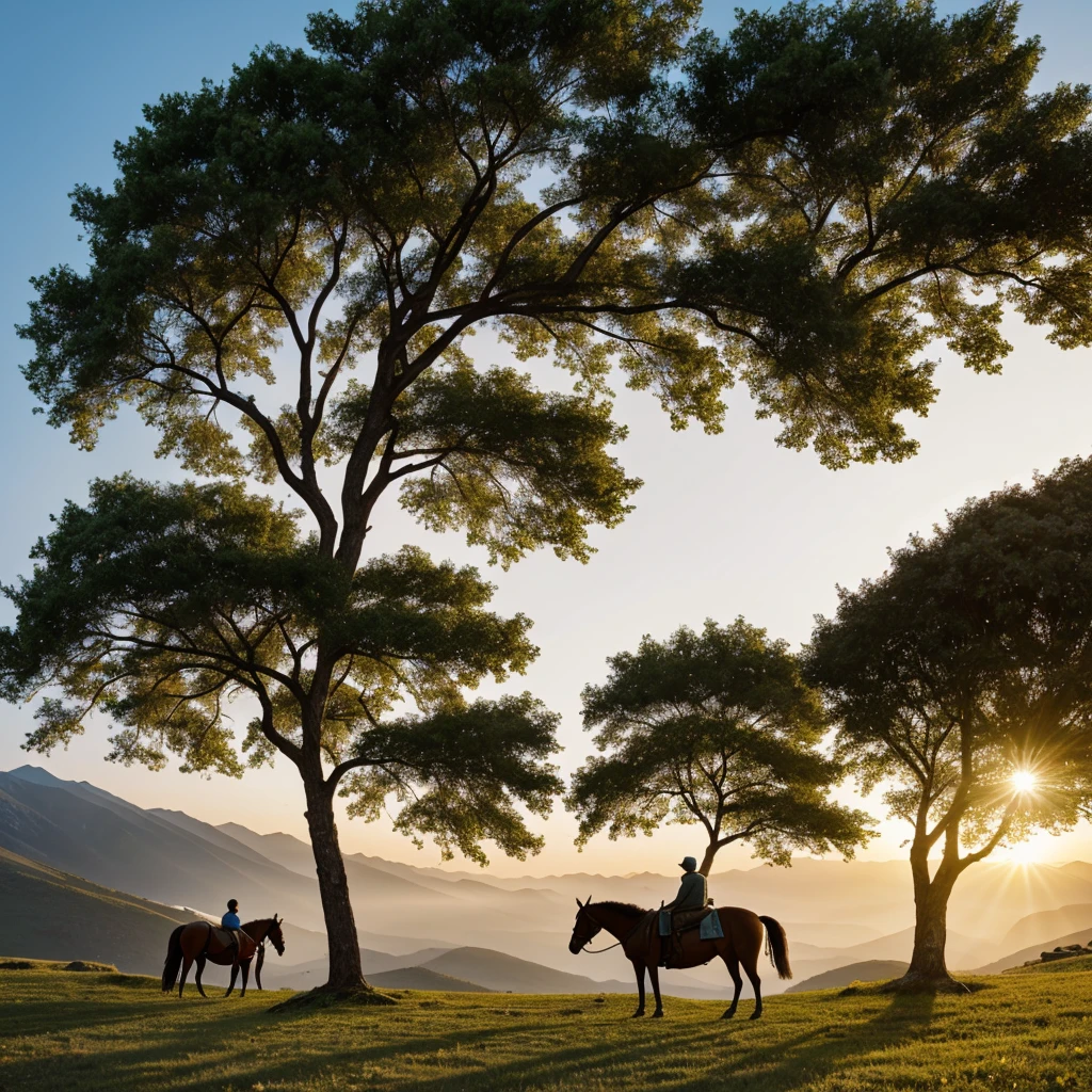Nomadic elderly man resting on his horse under a tree at the top of a mountain at sunrise