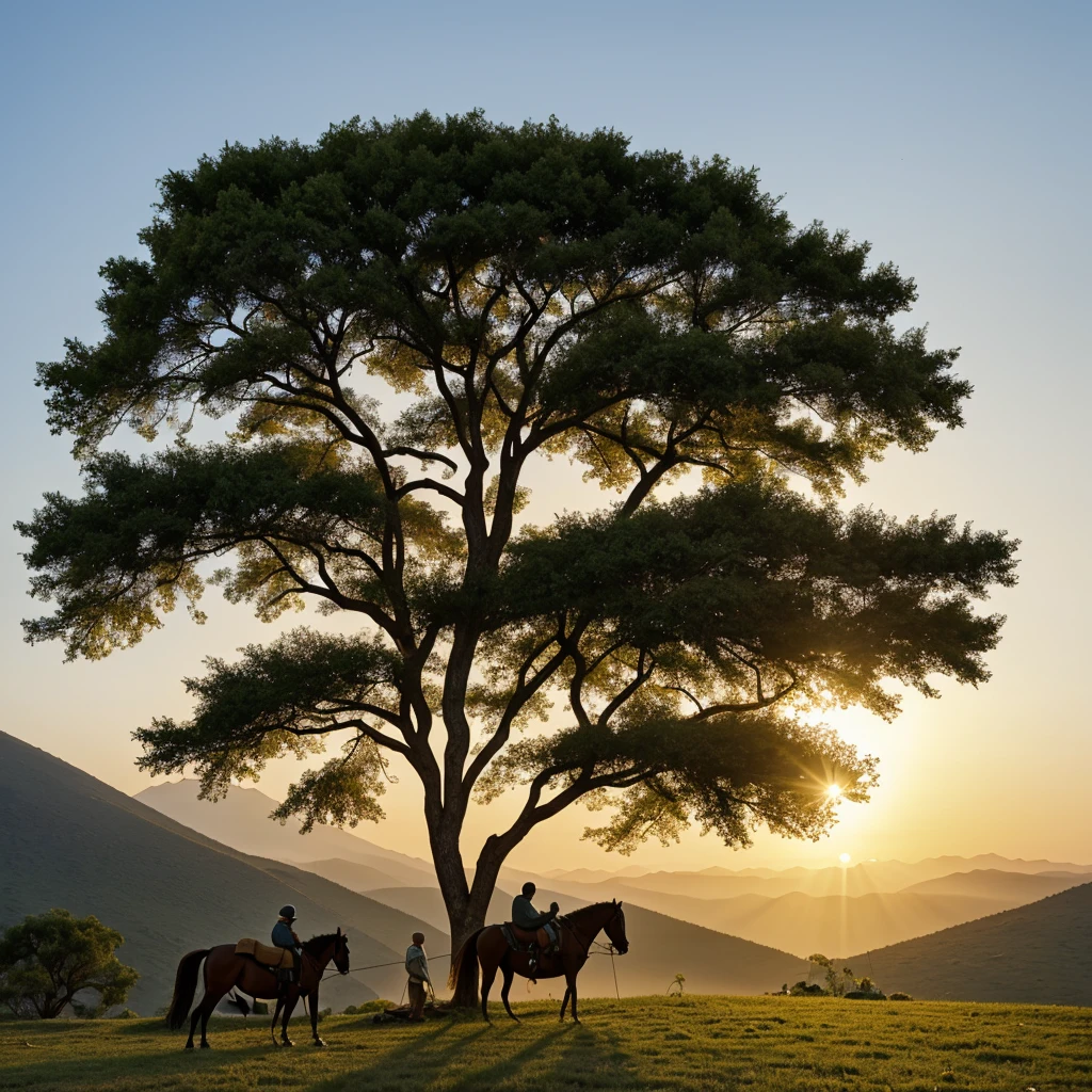 Nomadic elderly man resting on his horse under a tree at the top of a mountain at sunrise 
