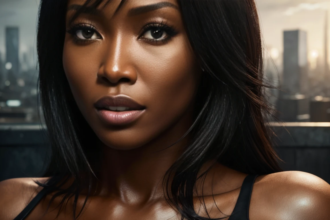 Hyperrealistic close-up photo of Naomi Campbell, Masterpiece, Best Quality, (photorealistic:1.4), Create dystopian Masterpieces. Depicts the cityscape in the bold style of the game&#39;s concept art.. This work should evoke a feeling of abandonment and despair in a futuristic environment., post-apocalyptic world. Notice the intricacies of the detail., The sharp focus.