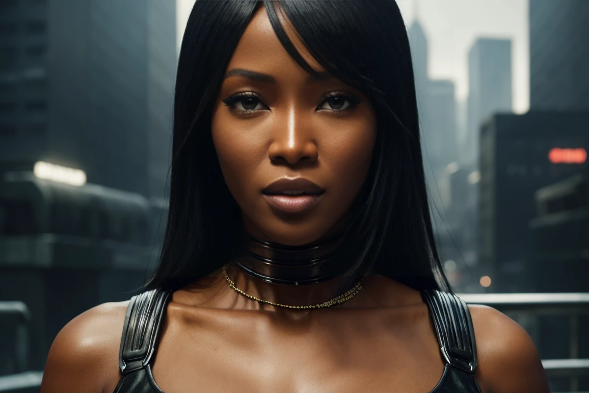 Hyperrealistic close-up photo of Naomi Campbell, Masterpiece, Best Quality, (photorealistic:1.4), Create dystopian Masterpieces. Depicts the cityscape in the bold style of the game&#39;s concept art.. This work should evoke a feeling of abandonment and despair in a futuristic environment., post-apocalyptic world. Notice the intricacies of the detail., The sharp focus.