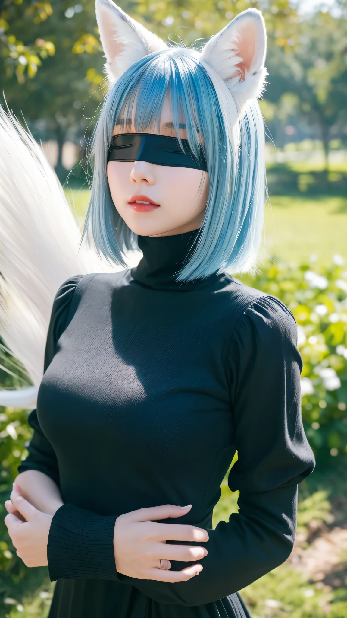 One girl, Wow, (Blindfold), chest, chestの谷間, chestの谷間 cutout, Dress cutout, Green background, Hair between the eyes, head band, High resolution, Juliet Sleeve, Long sleeve, Nier (series), Nier automata, Fluffy sleeves, Red lips, Shadow Face, short hair, alone, Turtleneck sweater, Upper Body, l Blue hair, null, White fox ears, White fox tail, nine tailed fox,