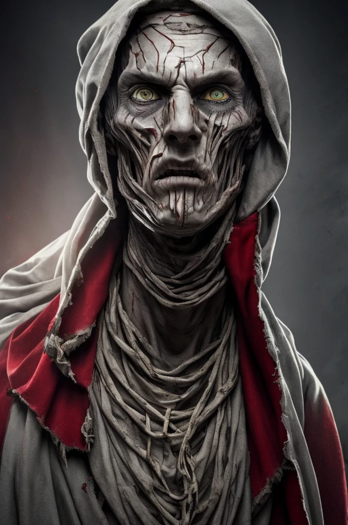 (masterpiece:1.2), Absurd, Photorealistic shots of Mumura,alone, Rotten Mummy,a malicious and ancient sorcerer, , Dead, Wrapped in rotten bandages, weakened body. grotesque, Skin is a sickly grey, Covered in tattered, rotten bandages, The body is weakened, His face is hidden by a red hooded robe, Ominous red eyes glow, malicious,  (Very detailed:1.3)

