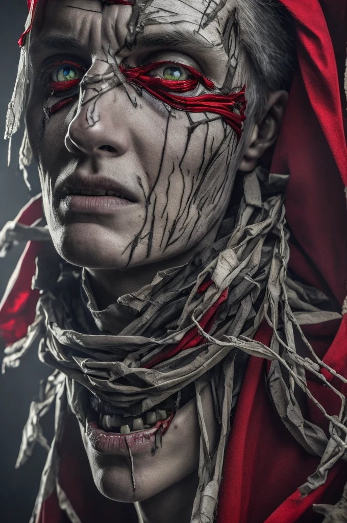 (masterpiece:1.2), Absurd, Photorealistic shots of Mumura,alone, Rotten Mummy,a malicious and ancient sorcerer, , Dead, Wrapped in rotten bandages, weakened body. grotesque, Skin is a sickly grey, Covered in tattered, rotten bandages, The body is weakened, His face is hidden by a red hooded robe, Ominous red eyes glow, malicious, (Very detailed:1.3)