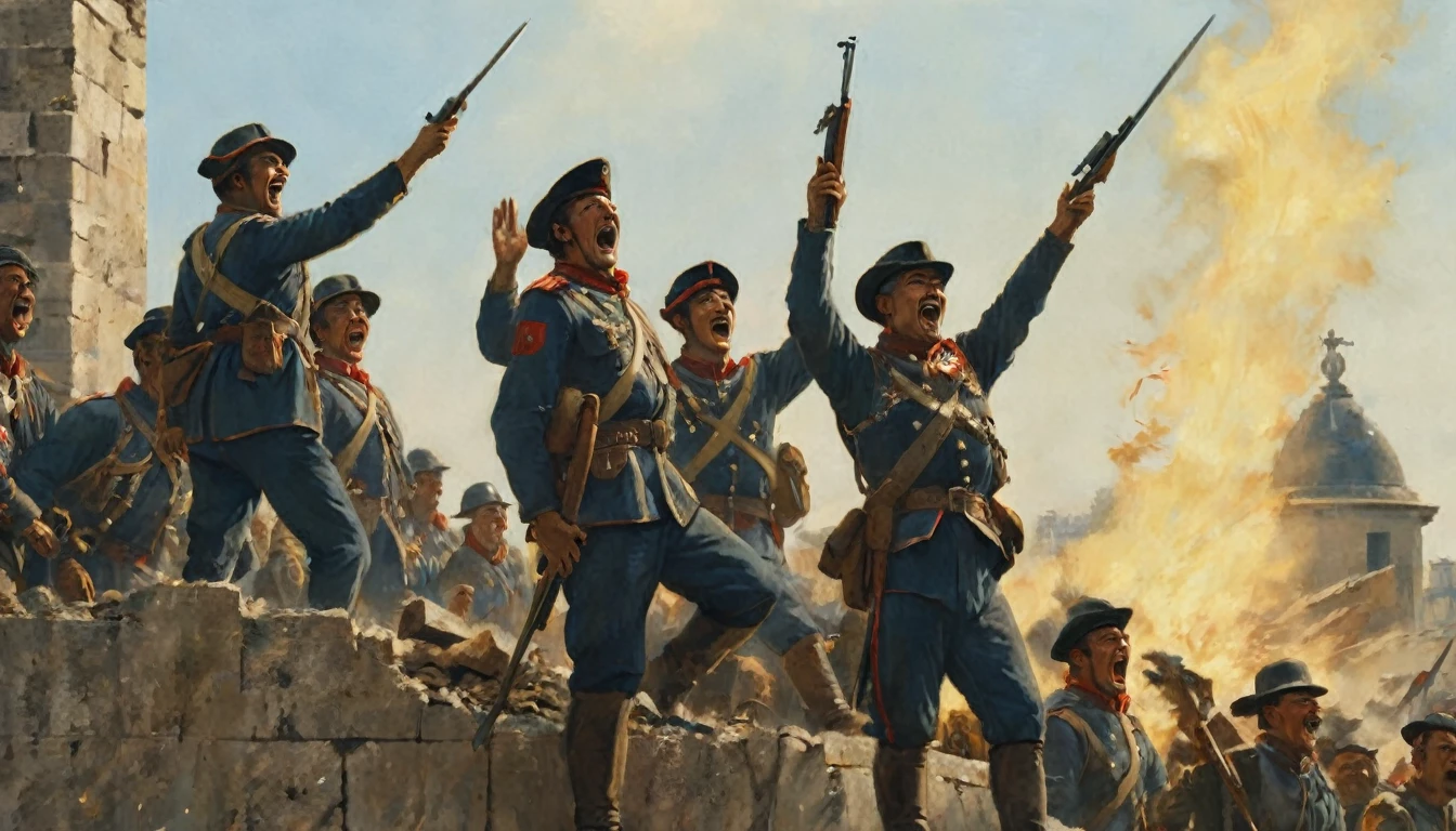 The image shows several French soldiers in detailed armor and heraldic emblems, standing on a crumbling wall. Their faces are lit with joy and triumph as they raise their weapons and shout in celebration. The wall is partially destroyed, with rubble around it, indicating the recent battle. The background shows a clear sky, symbolizing the peace that follows victory. The sunlight shines on the soldiers, highlighting their expressions of happiness and pride. The atmosphere captures a moment of euphoria and glory in the midst of devastation., Surrealism, Hyperrealism, Impressionism, wide shot, cowboy shot, UHD, retina, masterpiece, accurate, anatomically correct, textured skin, super detail, award winning, 8k
