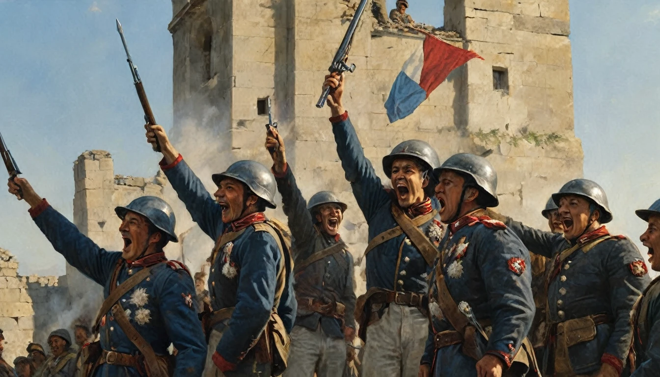 The image shows several French soldiers in detailed armor and heraldic emblems, standing on a crumbling wall. Their faces are lit with joy and triumph as they raise their weapons and shout in celebration. The wall is partially destroyed, with rubble around it, indicating the recent battle. The background shows a clear sky, symbolizing the peace that follows victory. The sunlight shines on the soldiers, highlighting their expressions of happiness and pride. The atmosphere captures a moment of euphoria and glory in the midst of devastation., Surrealism, Hyperrealism, Impressionism, wide shot, cowboy shot, UHD, retina, masterpiece, accurate, anatomically correct, textured skin, super detail, award winning, 8k