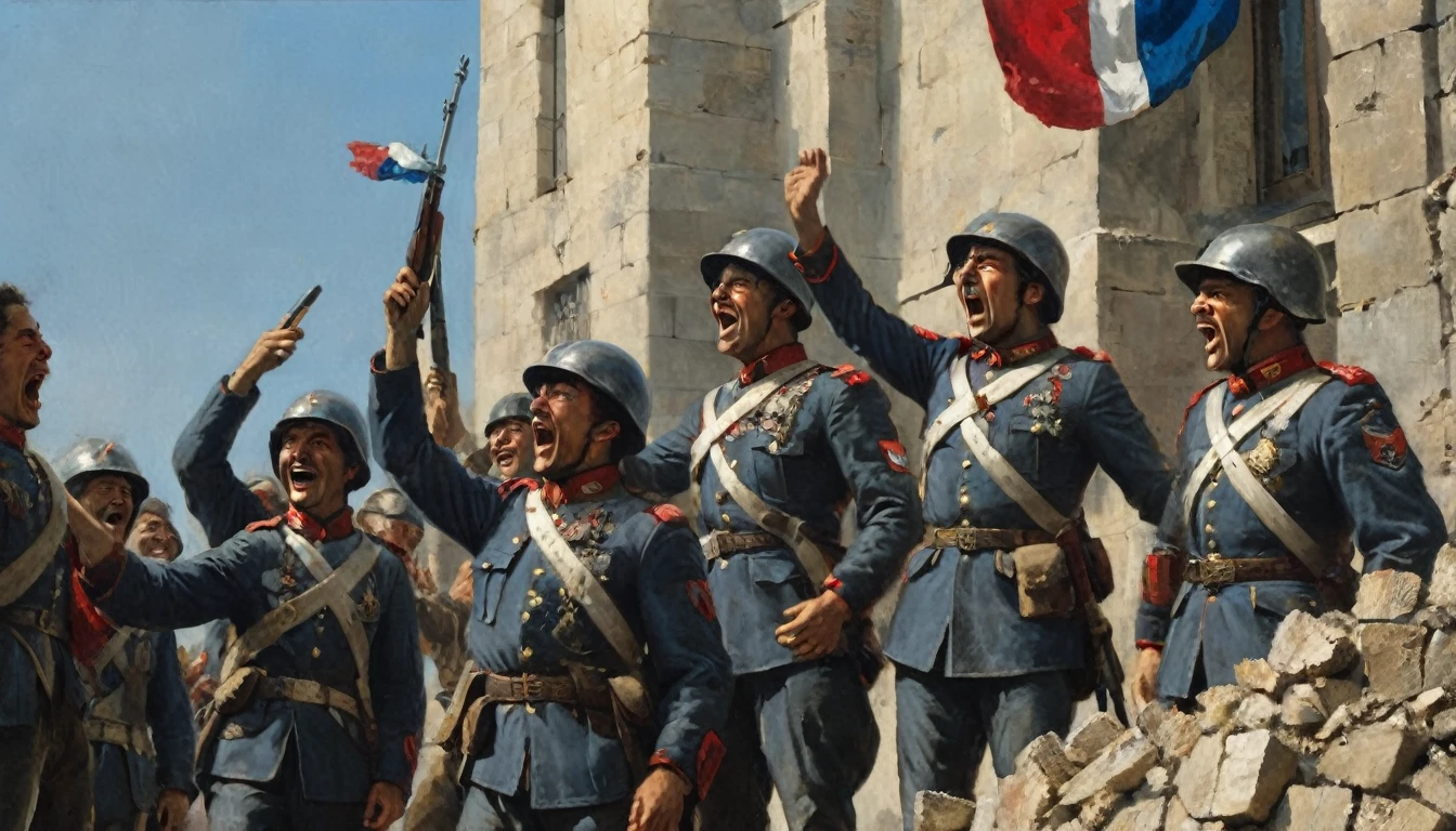 The image shows several French soldiers in detailed armor and heraldic emblems, standing on a crumbling wall. Their faces are lit with joy and triumph as they raise their weapons and shout in celebration. The wall is partially destroyed, with rubble around it, indicating the recent battle. The background shows a clear sky, symbolizing the peace that follows victory. The sunlight shines on the soldiers, highlighting their expressions of happiness and pride. The atmosphere captures a moment of euphoria and glory in the midst of devastation., Surrealism, Hyperrealism, Impressionism, wide shot, cowboy shot, UHD, retina, masterpiece, accurate, anatomically correct, textured skin, super detail, award winning, 8k
