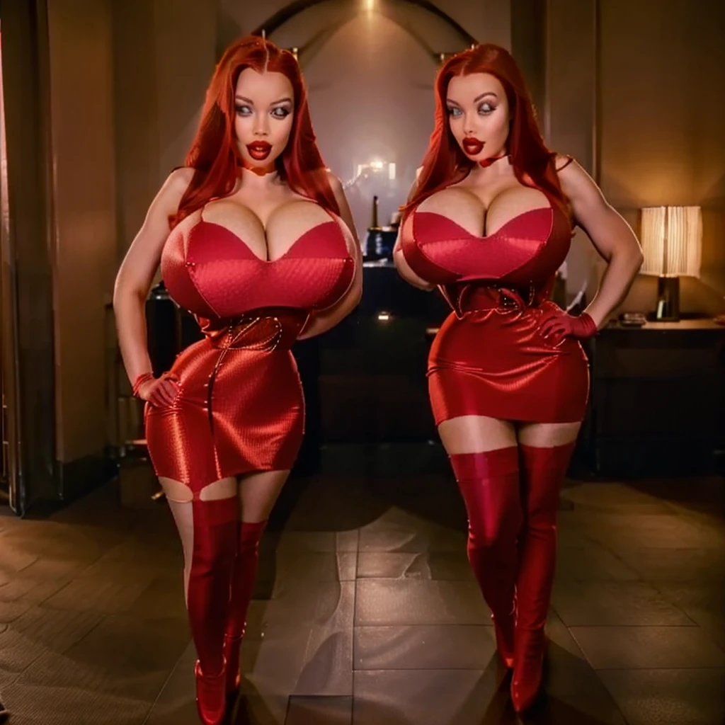 Sexy woman big breasts thick thighs red dress long high heels red gloves long red hair fleshy mouth , NAVY STOCKINGS GATHER BELT, high heels, sun shiny day