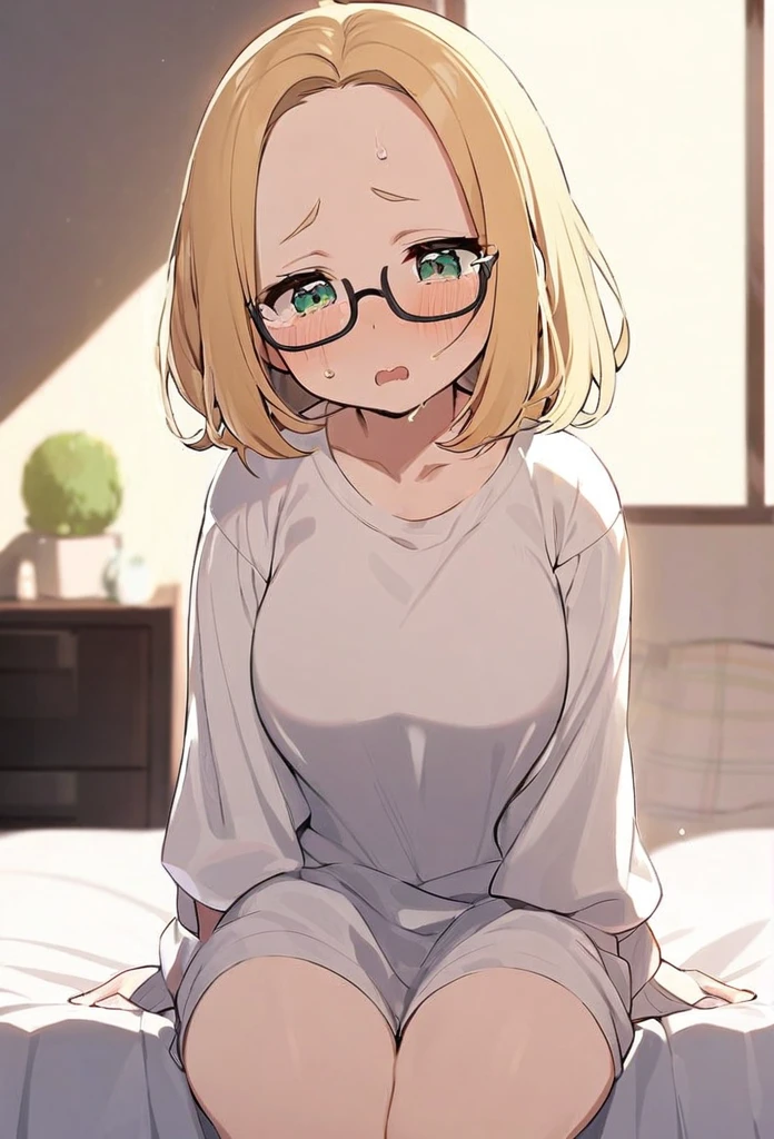 chubby girl, blonde, medium length hair, open forehead, no bangs, green eyes, black square-rimmed glasses, tears, sitting on the bed, casual clothes