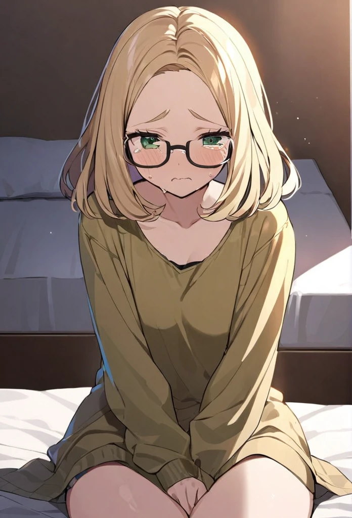 chubby girl, blonde, medium length hair, open forehead, no bangs, green eyes, black square-rimmed glasses, tears, sitting on the bed, casual clothes