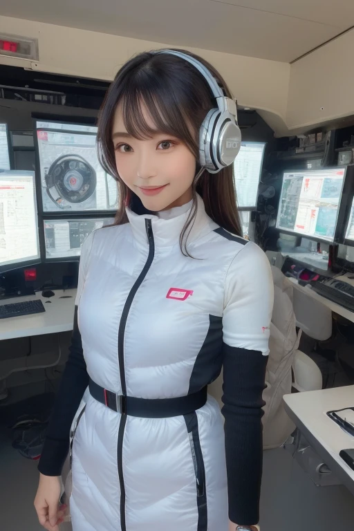 masterpiece, Highest quality, Very detailed, 8K Portrait,Japanese Android Girl,plump , Control panel,Robotic arms and legs, Blunt bangs,,break (Metallic Gray, Metallic luster, Mirror finish, Astro Best):5,headphone:5,break (Black sleeves):100,Smart Watches,Futuristic space station,Control Room,break headphone,blue eyes,(Black Hair):2,(Long Hair):1.3,Displaying the viewer,(respirator),break blush:3,Hidden Hand,smile